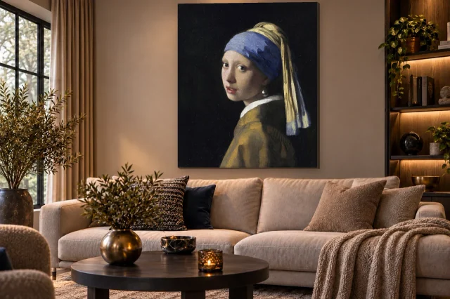 Interieurimpressie met Meisje met de parel van Johannes Vermeer boven een bank