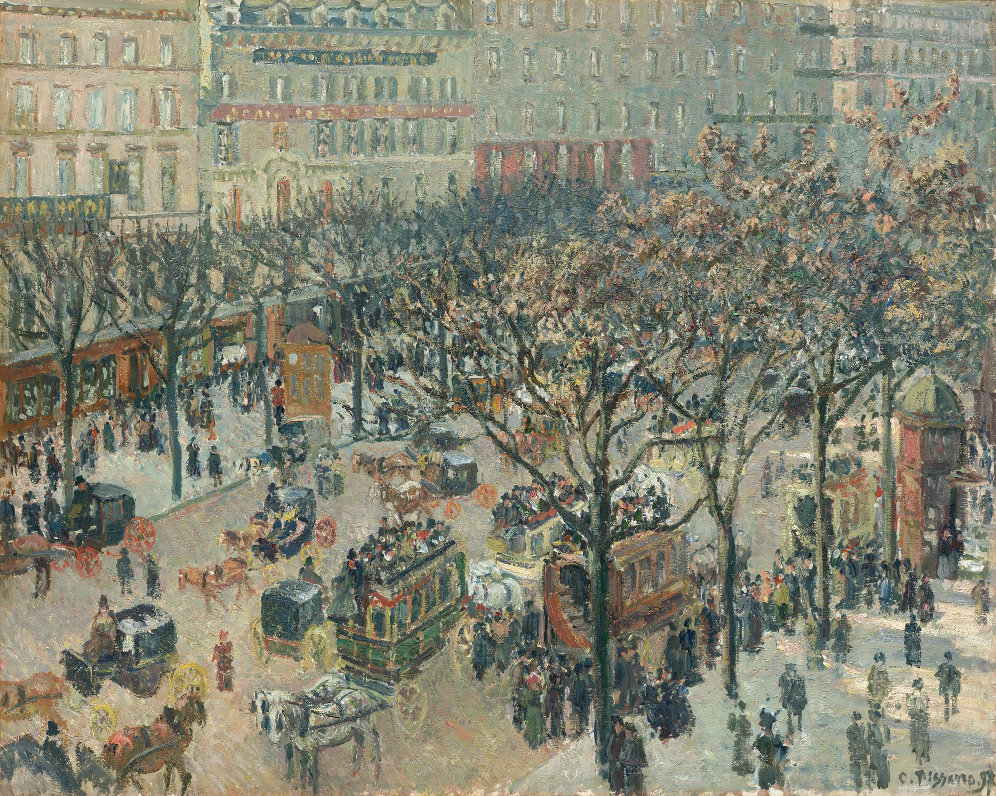 Boulevard des Italiens in de ochtendzon van Camille Pissarro