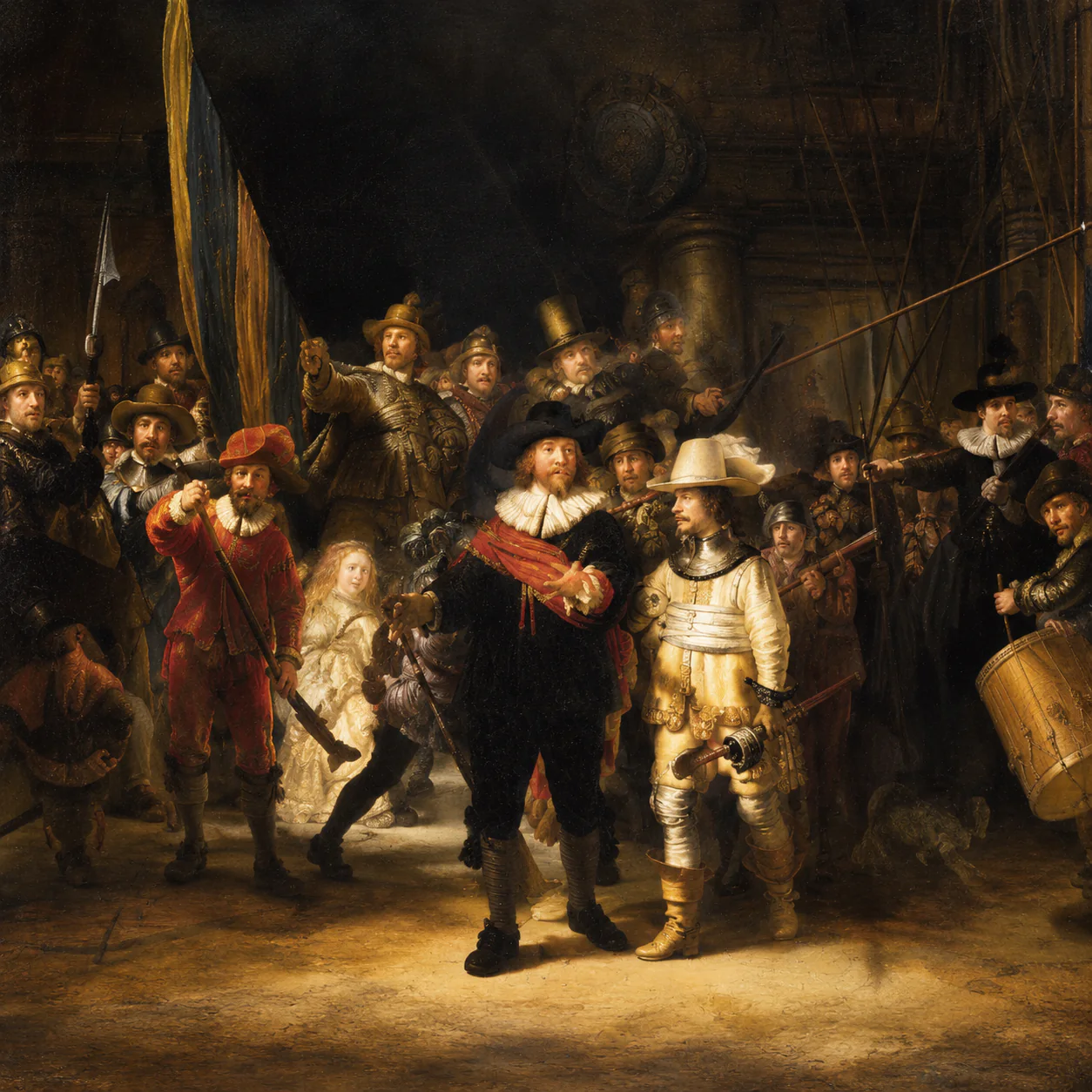 De Nachtwacht van Rembrandt met de centrale hoofdfiguren