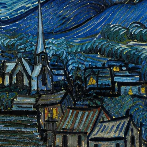 Stille dorp onder de sterrenhemel in De Sterrennacht van Vincent van Gogh