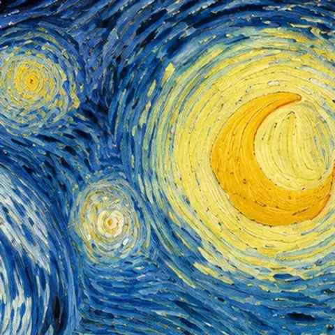 Blauwe, gele en witte penseelstreken in De Sterrennacht van Vincent van Gogh